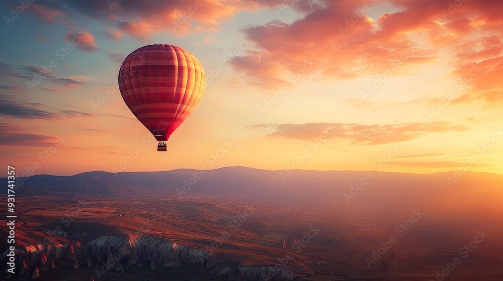 Fototapeta premium A hot air balloon ascending into a sky painted with the warm hues of dawn, the ancient valleys of Cappadocia stretching out below.