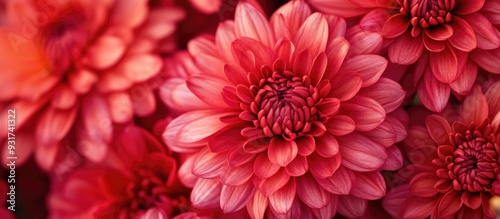 Magenta red Chrysanthemum in a fall garden close up top view with copy space