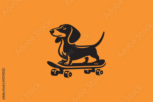 Cute dachshund dog on a skateboard. logo, icon, emblem, pictogram. Black on orange