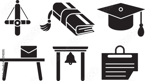 A simple vector icon set featuring a textbook, graduation scroll, school bell, and desk
