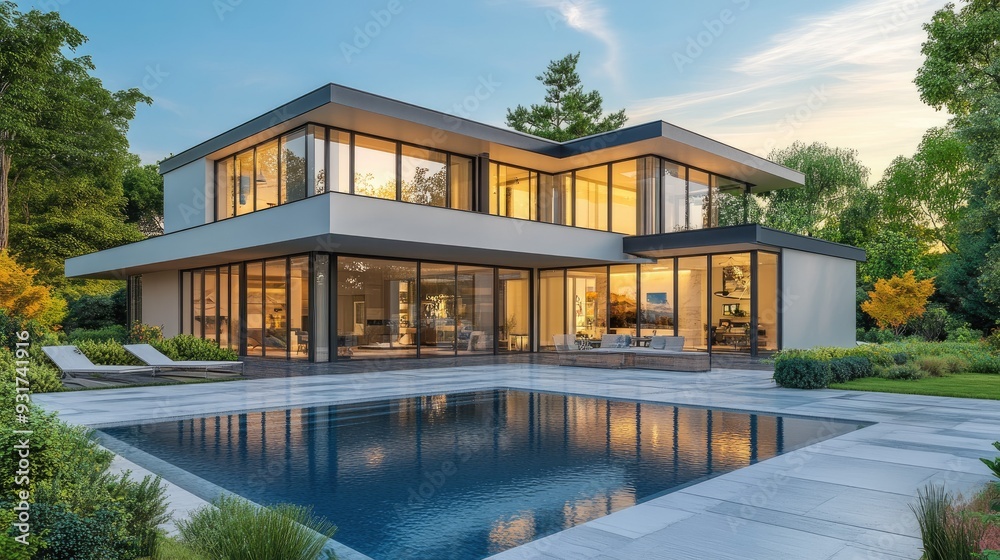 Fototapeta premium A modern, luxurious home with large windows, landscaped gardens, and a swimming pool, representing high-end real estate.