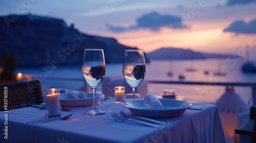 Romantic dinner for two at sunsetGreece Santorini restaurant on the beach above the volcano : Generative AI photo