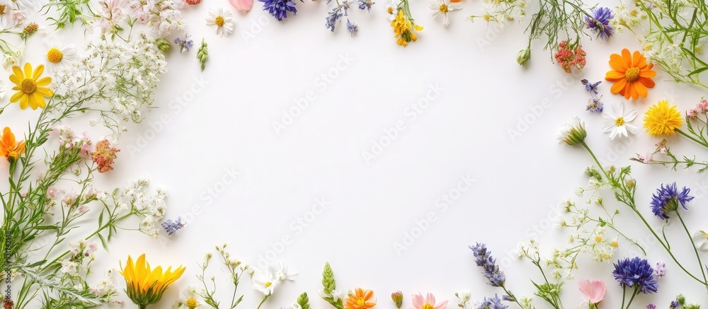 Round frame composed of wildflowers with a text area on a white background Flat lay top view. with copy space image. Place for adding text or design Round frame composed of wildflowers with a text area on a white background Flat lay top view. with copy space image. Place for adding text or design