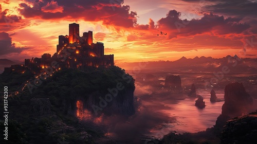 A panoramic shot of Lion Rock at sunset, with the sky ablaze in color and the ancient fortress ruins glowing softly.