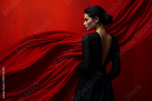 Against striking red backdrop girl dark fabric picture