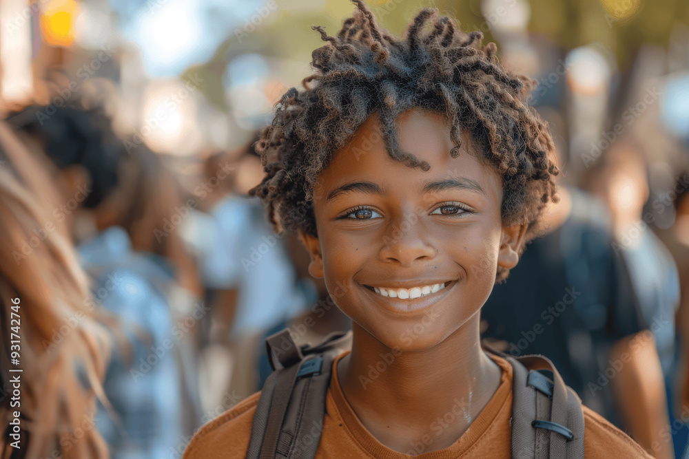 Smiling Boy With Curly Hair And Backpack In Busy Outdoor Setting Smiling Boy With Curly Hair And Backpack In Busy Outdoor Setting