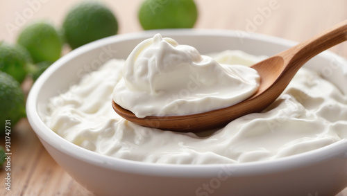 Close-up of sour cream on a spoon with a white background