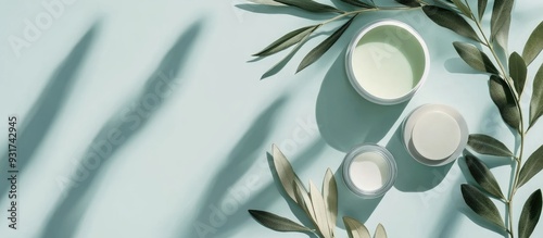 flat lay mockup of skincare items and containers featuring an olive leaf. with copy space image. Place for adding text or design photo