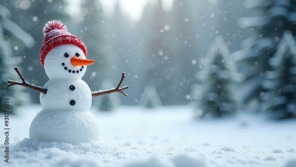 Fototapeta premium Joyful Snowman in Top Hat: A Festive Winter Wonderland Scene with Space for Text
