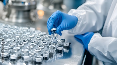 Scientist in protective gear handling vials in a pharmaceutical laboratory. photo