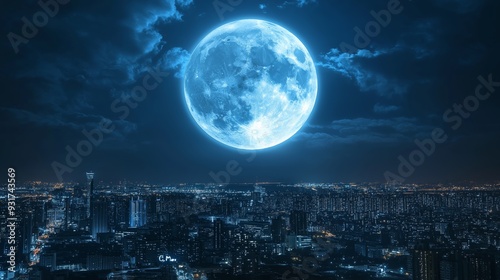 A large blue moon is in the sky above a city. The city is lit up with lights, creating a beautiful and serene atmosphere photo