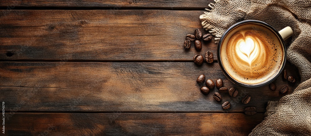 Top view of freshly brewed coffee featuring beautiful latte art on a wooden table in a cafe with copy space Coffee break for relaxation and recreation Top view of freshly brewed coffee featuring beautiful latte art on a wooden table in a cafe with copy space Coffee break for relaxation and recreation