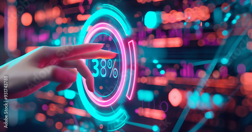 Hand Touching Digital Hologram Percent Sign for Discounts.