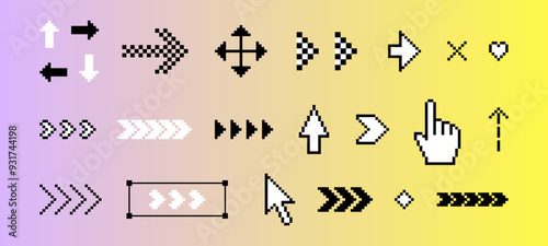 Arrows icon set in pixel art. Simple arrows pack. Cursor icon click. Pixels elements set in the mood of 90's aesthetics. Y2k trendy stickers. 8 bit retro style vector illustration