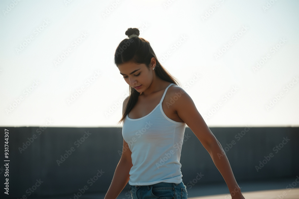 Fototapeta premium Portrait of a young woman in a white tank top
