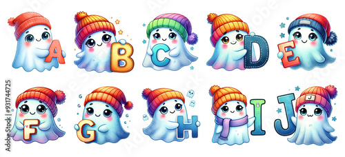 Colorful Ghost Alphabet with Winter Hats - Cute and Playful Letters A-J