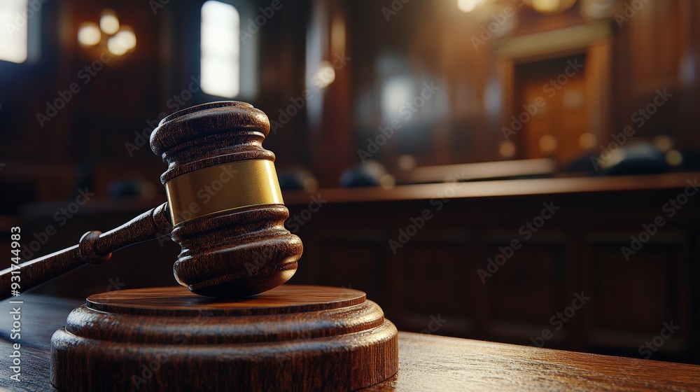 Wooden Gavel on a Sound Block, in a Blurred Courtroom Setting, Representing Justice and Law Wooden Gavel on a Sound Block, in a Blurred Courtroom Setting, Representing Justice and Law
