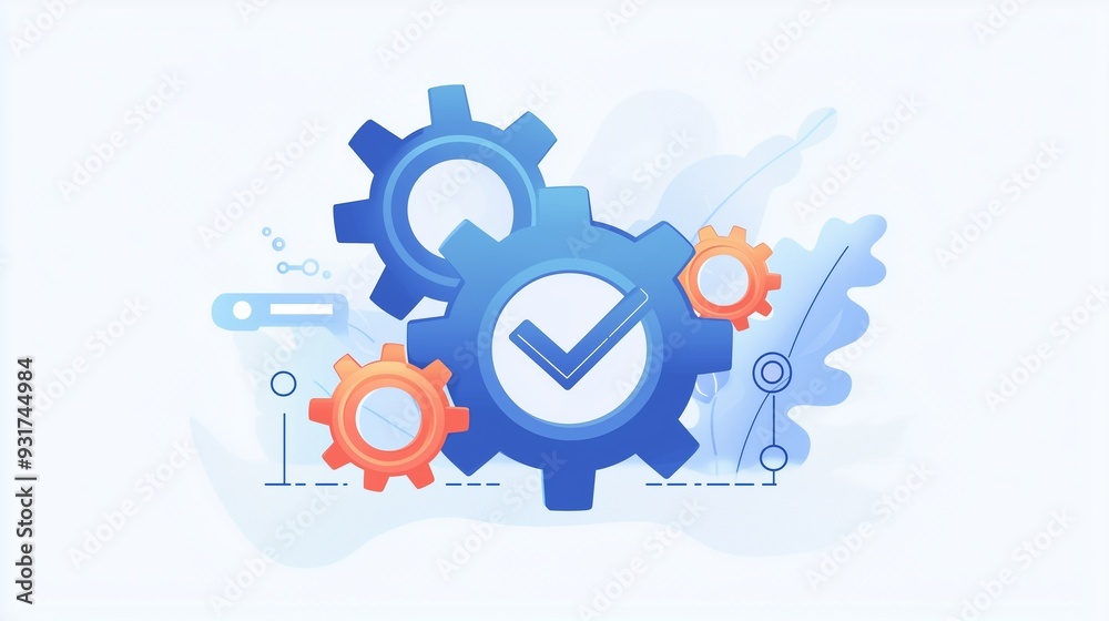 Gears and checkmark symbolizing process optimization and quality assurance. Gears and checkmark symbolizing process optimization and quality assurance.