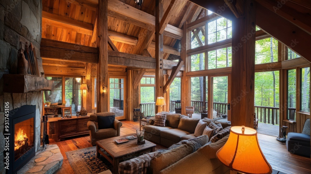 Rustic Cabin Living Room with Fireplace and Large Windows