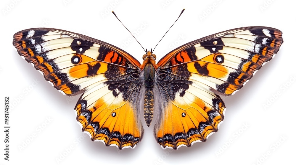 Fototapeta premium Beautiful yellow and black butterfly with delicate wings, isolated on white background