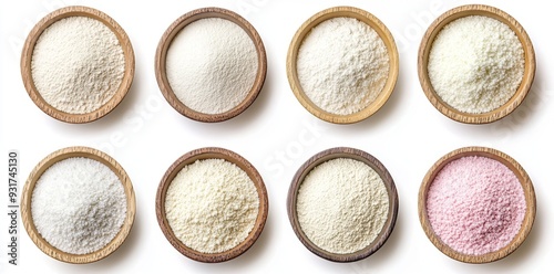 Various Asian spices and herbs in powder form and grains in wooden bowls, isolated on transparent background, ingredients for cooking.