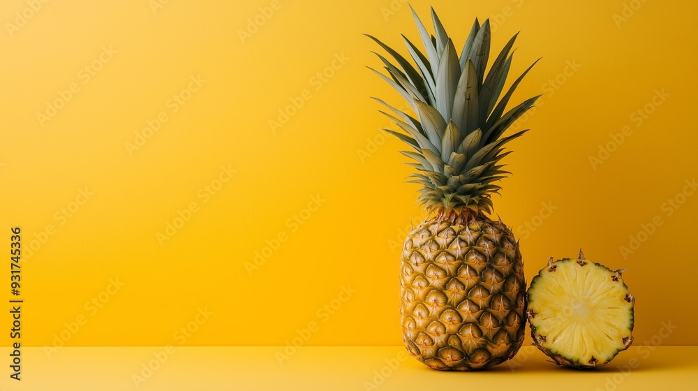 Whole and sliced pineapple on vibrant yellow background. Minimalist tropical fruit composition. Summer concept. Clean design for banner, poster, advertisement with copy space Whole and sliced pineapple on vibrant yellow background. Minimalist tropical fruit composition. Summer concept. Clean design for banner, poster, advertisement with copy space