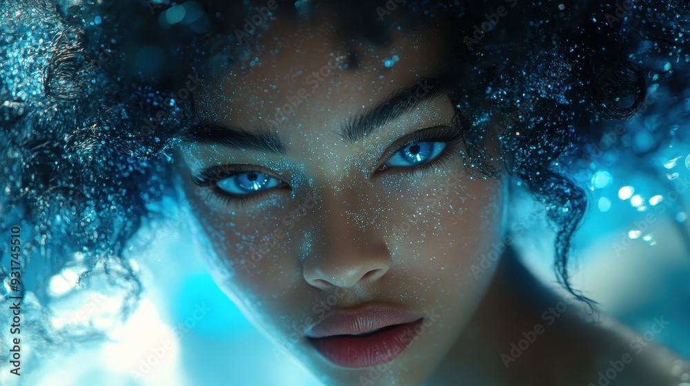 Close-up of a captivating woman with sparkling blue eyes and curly hair, submerged in a magical underwater environment. Close-up of a captivating woman with sparkling blue eyes and curly hair, submerged in a magical underwater environment.