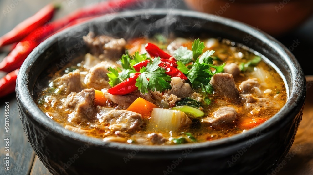 A steaming bowl of Mala soup, filled with an assortment of meats, vegetables, and spicy broth, garnished with chili peppers. A steaming bowl of Mala soup, filled with an assortment of meats, vegetables, and spicy broth, garnished with chili peppers.