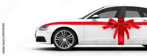 A stunning car adorned with a red ribbon and bow, symbolizing the ultimate gift on a crisp, bright day