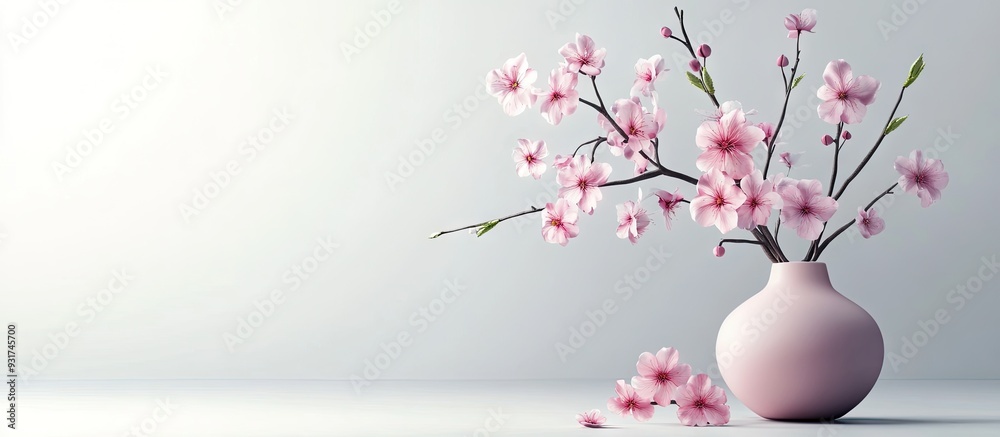 Pink cherry branch in a vase on a white background with flowers. with copy space image. Place for adding text or design Pink cherry branch in a vase on a white background with flowers. with copy space image. Place for adding text or design