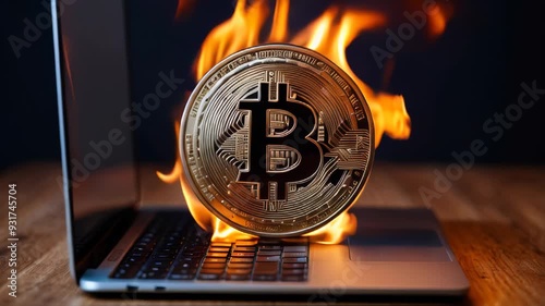 Bitcoin coin burning on laptop screen, technology, business and cryptocurrency concept, dark background.