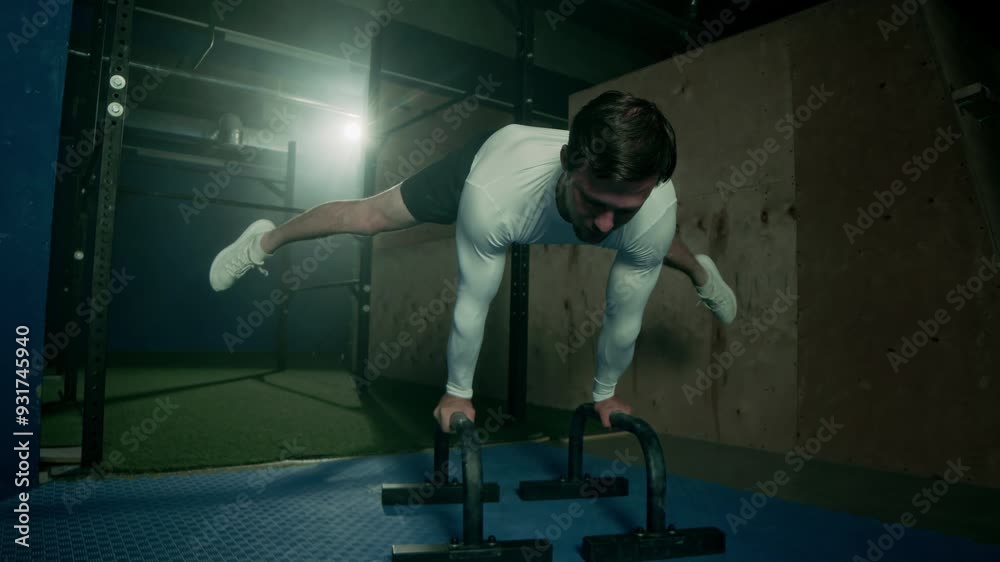 Athletic man with strong muscular arms and body performing advanced straddle planche while training at dark loft style gym