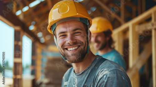 Two men wearing hard hats and work clothes are posing for a picture