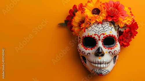 A colorful decorative skull adorned with flowers against an orange background.