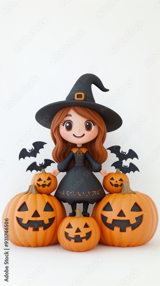 Smiling Cartoon Witch with Pumpkins and Bats Smiling Cartoon Witch with Pumpkins and Bats