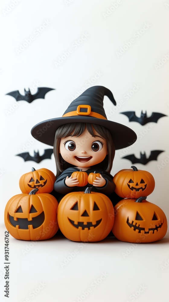 Happy Cartoon Witch Holding Pumpkins Surrounded by Jack-o'-Lanterns and bats Happy Cartoon Witch Holding Pumpkins Surrounded by Jack-o'-Lanterns and bats