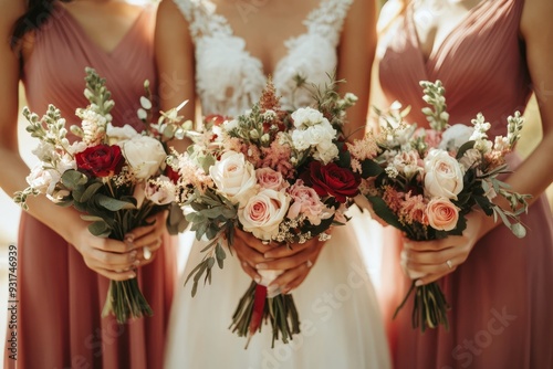 Bride and bridesmaids holding bouquets of flowers, wedding ceremony, wedding photo
 photo