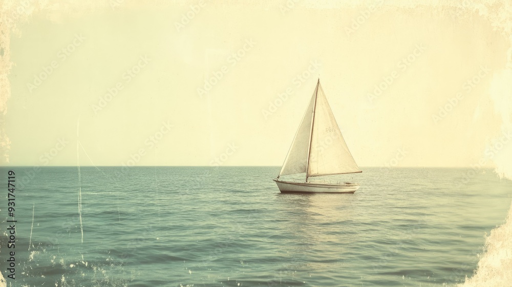 Fototapeta premium A vintage photograph of a lone sailboat on the ocean, the film camera capturing the serene scene with classic tones.