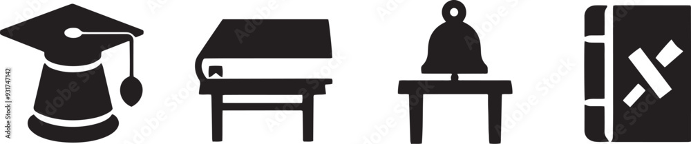 A simple vector icon set featuring a textbook, graduation scroll, school bell, and desk A simple vector icon set featuring a textbook, graduation scroll, school bell, and desk
