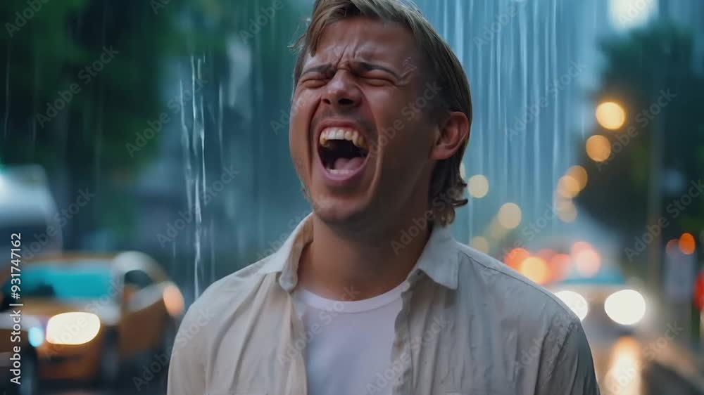 Man screaming in the rain on a street