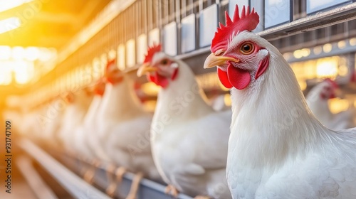 White chickens in bright egg farm coops beneath hanging signs under sunlight