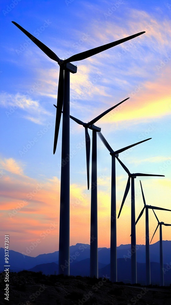 Fototapeta premium Silhouetted wind turbines against a vibrant orange and blue sunset sky showcasing renewable energy production