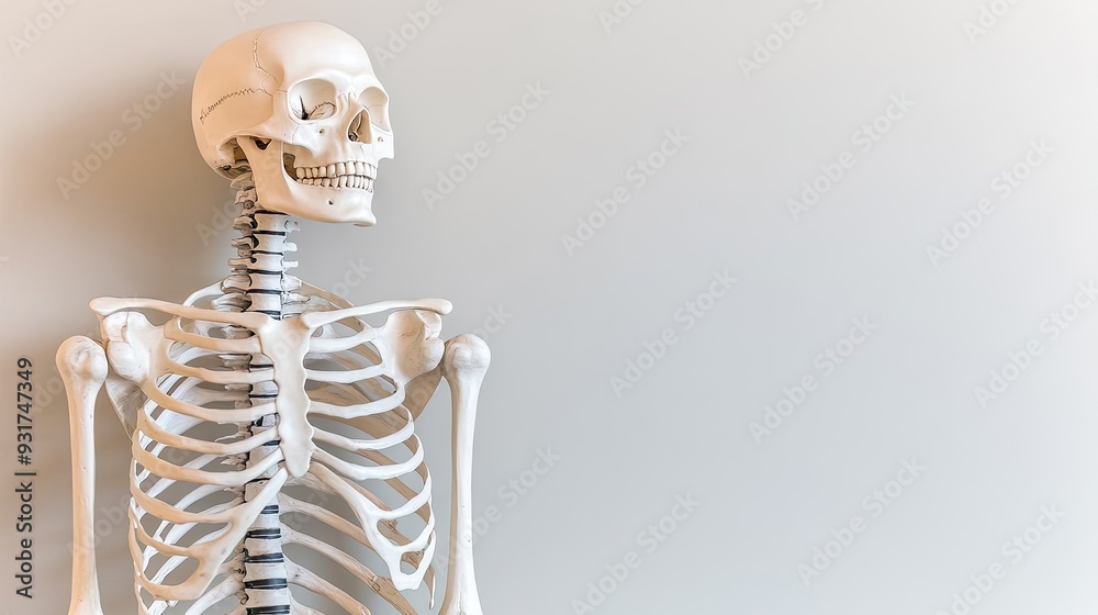 A illuminated skeleton model stands against a light beige wall, showcasing its detailed structure in a serene, sunlit setting A illuminated skeleton model stands against a light beige wall, showcasing its detailed structure in a serene, sunlit setting