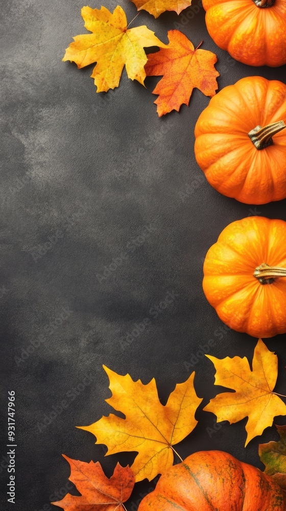 Autumnal flat lay of pumpkins and colorful leaves on a black background for a festive Halloween vibe Autumnal flat lay of pumpkins and colorful leaves on a black background for a festive Halloween vibe