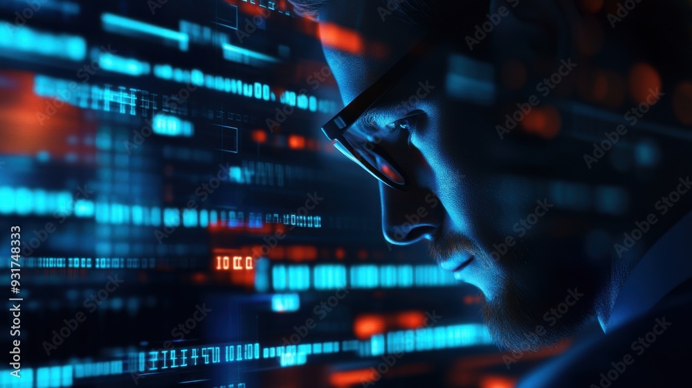 A focused individual analyzing digital data illuminated by vibrant blue and orange lights, symbolizing technology and innovation. A focused individual analyzing digital data illuminated by vibrant blue and orange lights, symbolizing technology and innovation.