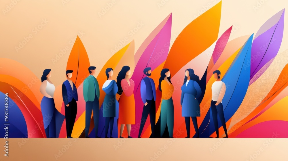A group of people standing in a line with colorful leaves, AI A group of people standing in a line with colorful leaves, AI