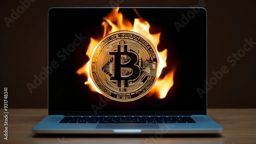 Bitcoin coin burning on laptop screen, technology, business and cryptocurrency concept, dark background.