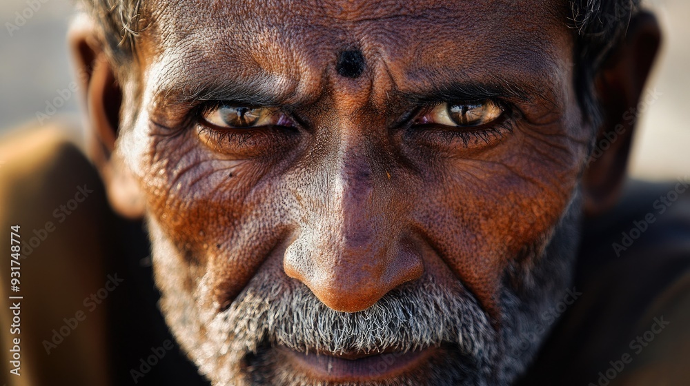 Obraz premium Close-up of a solitary Indian man, his face worn by the sun, with deep lines etched by time, capturing a life of hard work.