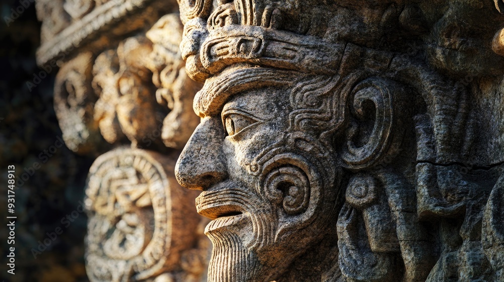 Close-up of a stoneman sculpture, with intricate carvings and details that tell a story of ancient times. Close-up of a stoneman sculpture, with intricate carvings and details that tell a story of ancient times.