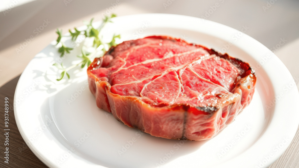 Juicy Medium-Rare Steak on White Plate Juicy Medium-Rare Steak on White Plate
